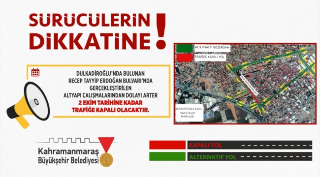 Sürücülerin Dikkatine; Recep Tayyip Erdoğan Bulvarı 2 Ekim'e Kadar Trafiğe Kapalı