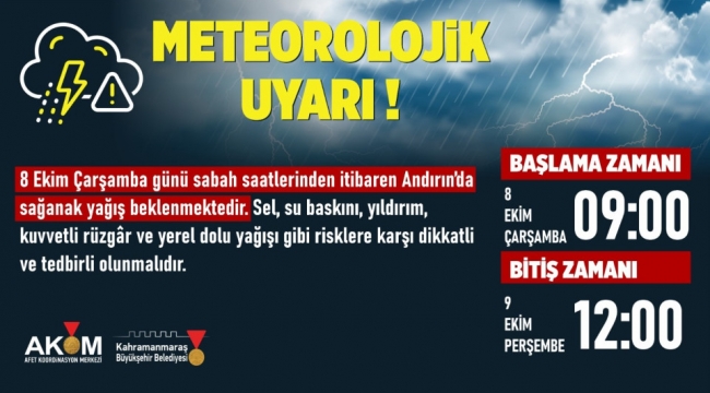 Andırın'da Sağanak Yağış Uyarısı!