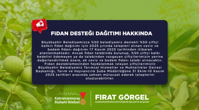 Yüzde 50 Hibeli Fidan Desteğinde Ek Başvurular Alınmaya Başladı