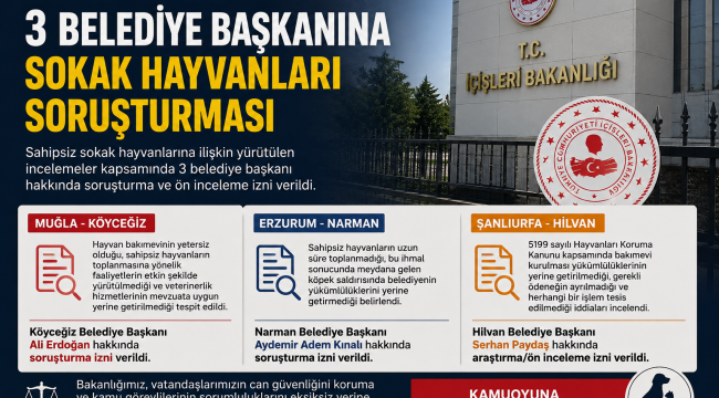  İÇİŞLERİ BAKANLIĞI'NDAN 3 BELEDİYE BAŞKANINA SOKAK HAYVANLARI SORUŞTURMASI