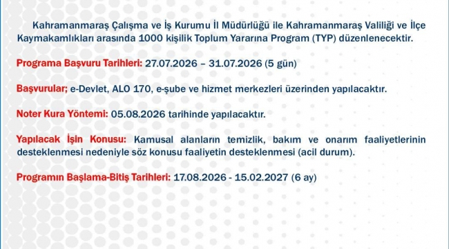 KAHRAMANMARAŞ'TA 1000 KİŞİLİK TYP İSTİHDAMI İÇİN BAŞVURULAR BAŞLIYOR